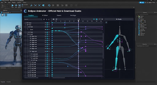 Dark futuristic 3D animation timeline interface inside Roblox Studio showing real-time inverse kinematics bone graph and Bezier curves